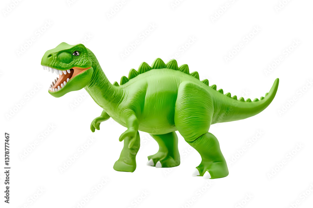 A green toy dinosaur with an open mouth standing on a black background A green toy dinosaur with an open mouth standing on a black background