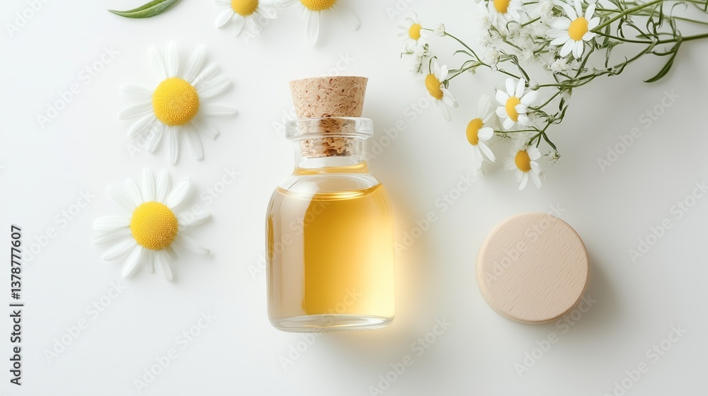 Fototapeta premium Essential oil bottle beside fresh chamomile flowers on a clean white surface during daylight