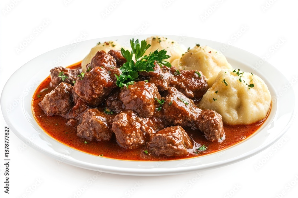 A traditional plate of Hungarian pörkölt (beef stew) with paprika-infused sauce, served with dumplings, isolated on a transparent background. A traditional plate of Hungarian pörkölt (beef stew) with paprika-infused sauce, served with dumplings, isolated on a transparent background.