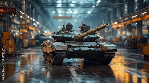 Military tank in a factory assembly line