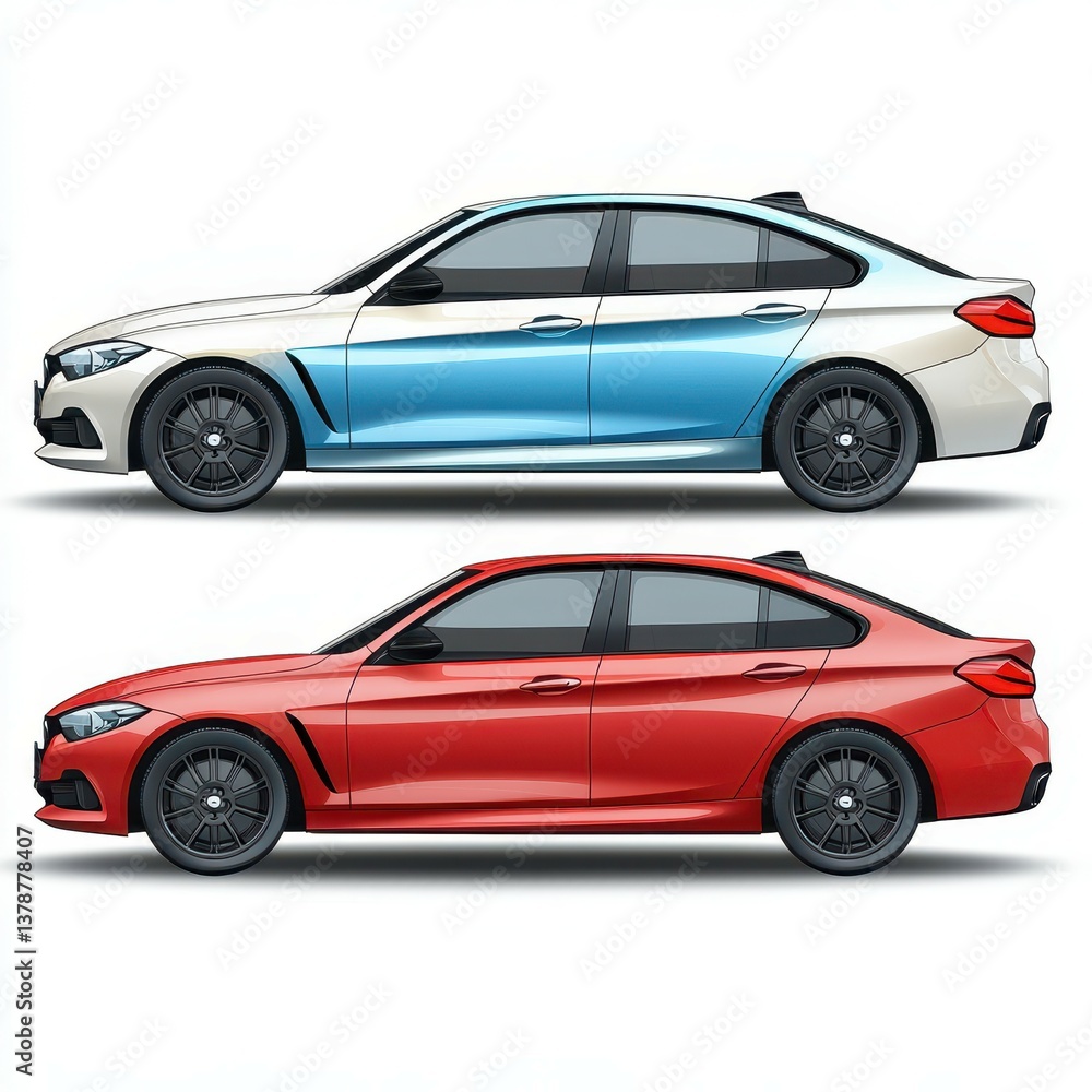 Side view comparison of modern cars in white and red with clean lines and sporty design elements Side view comparison of modern cars in white and red with clean lines and sporty design elements