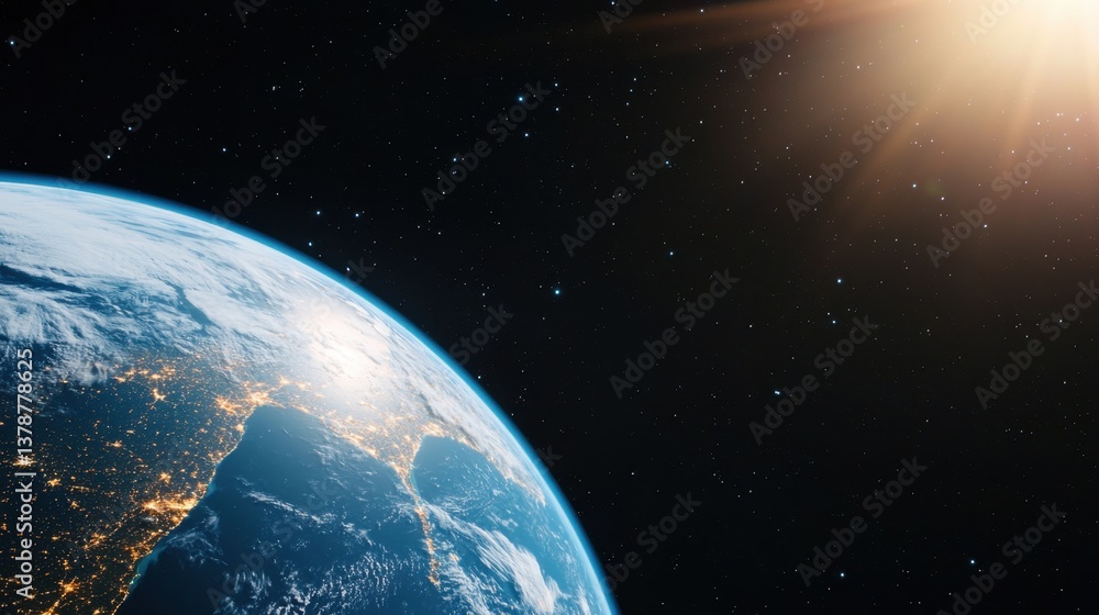 Obraz premium News update bulletin Concept, Stunning View of Earth from Space with Sunlight Illuminating the Atmosphere and Stars Surrounding