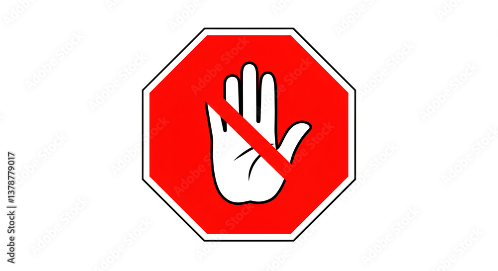 Fototapeta premium Stop sign ka 2D cartoon style illustration, jismein haath ka nishan haiFlat vector graphic jo dakhla mamnoo, warning aur hifazat ko zahir karta hai. Educational materials aur sa