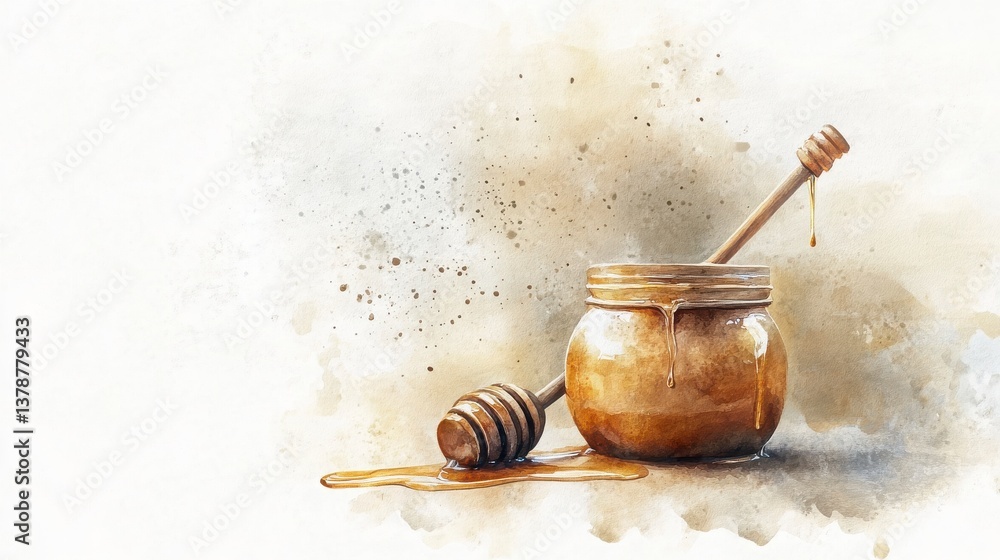 Fototapeta premium Honey Jar with Dipper Watercolor Painting