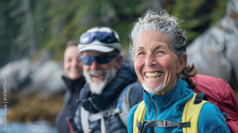 Active seniors smiling while hiking, biking, and swimming Active seniors smiling while hiking, biking, and swimming