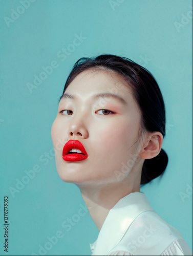 portrait de jeune femme asiatique avec rouge à lèvre intense, éditorial beauté cosmétique, soin de la peau et des cheveux, maquillage léger, soin d'hydratation et protection de la peau et des lèvres
