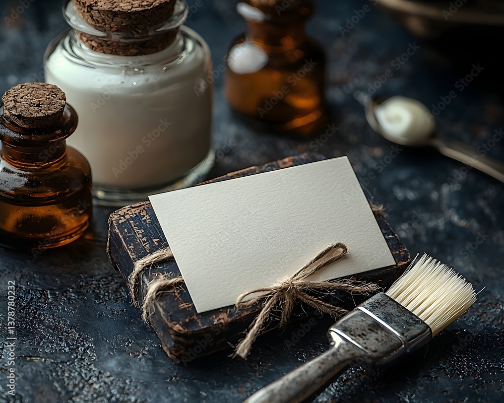 Blank white gift card tied to a vintage shaving kit