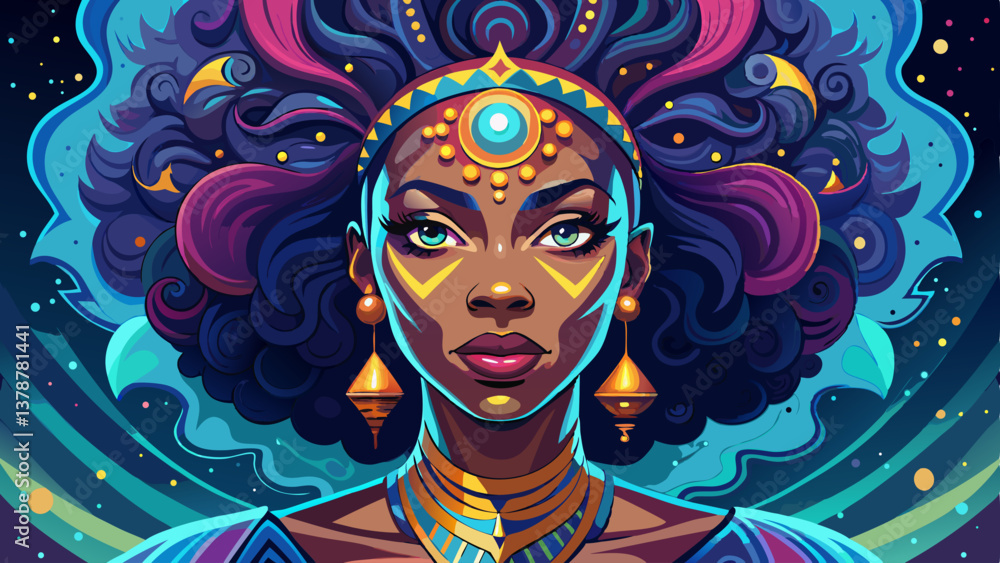 a beautiful Afro woman featuring a face painted with cosmic motifs, adorned with elaborate and intricate embellishments. artwork embodies a contemporary style, highlighted by a dramatic a beautiful Afro woman featuring a face painted with cosmic motifs, adorned with elaborate and intricate embellishments. artwork embodies a contemporary style, highlighted by a dramatic