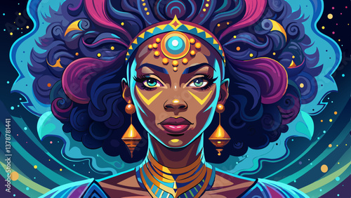 a beautiful Afro woman featuring a face painted with cosmic motifs, adorned with elaborate and intricate embellishments. artwork embodies a contemporary style, highlighted by a dramatic 