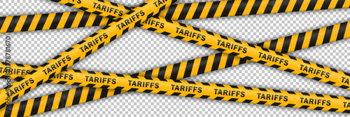Template of crossed yellow and black warning lines with word TARIFFS, diagonal stripes pattern. Global trade barriers, economic restrictions, border control, isolated on transparent background.