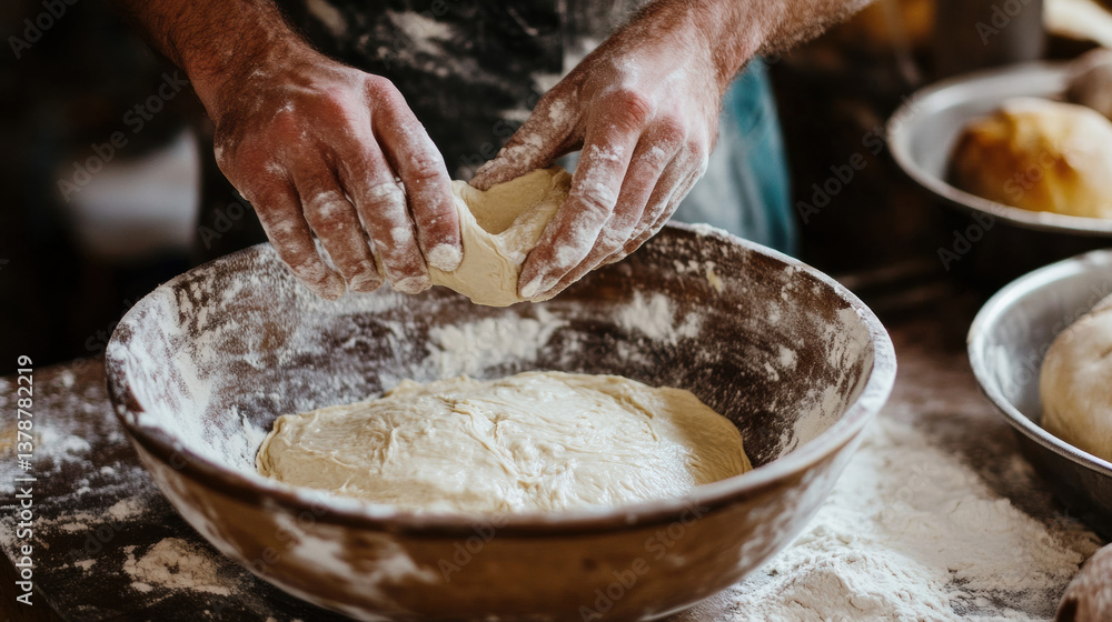 Fototapeta premium Hands Preparing Dough in Rustic Kitchen with Flour and Ingredients