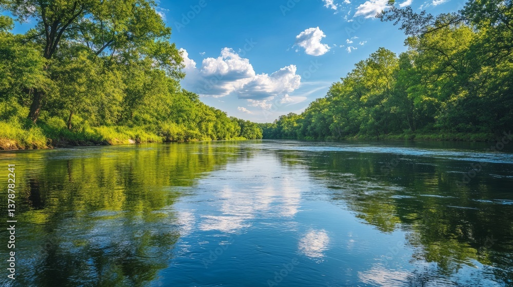 A clean river reflecting a blue sky, surrounded by lush greenery, symbolizing water conservation generative ai A clean river reflecting a blue sky, surrounded by lush greenery, symbolizing water conservation generative ai