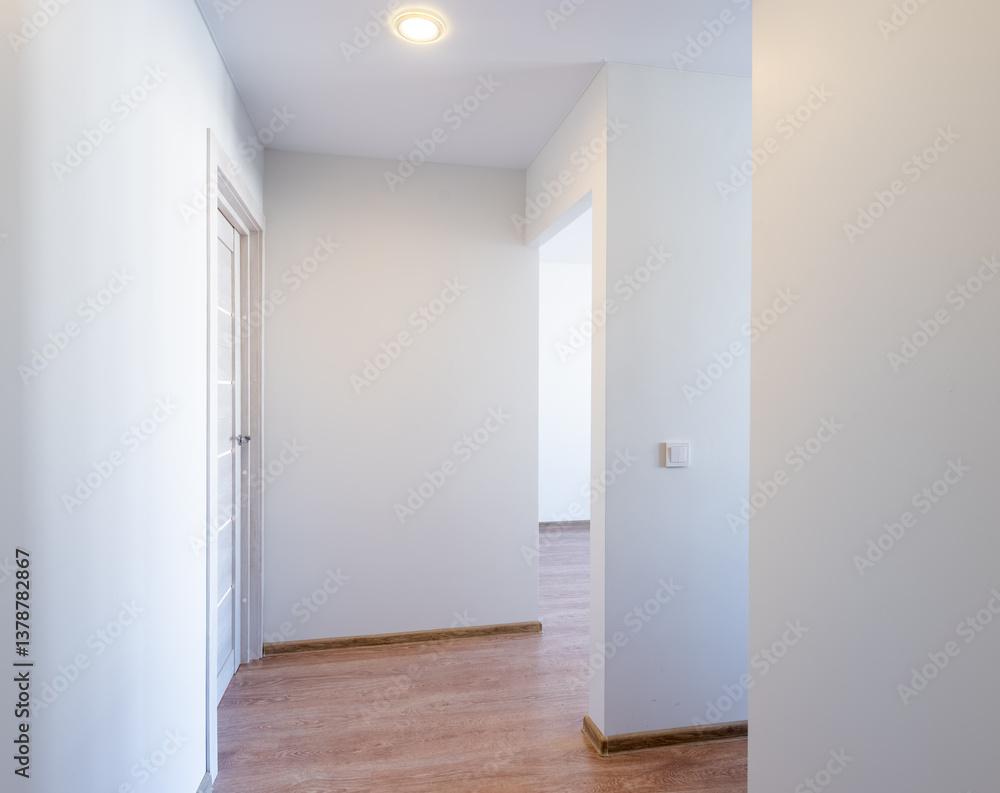 Bright Empty Room With Wooden Flooring and Door. White Walls Room Corner. Door Bright Empty Room With Wooden Flooring and Door. White Walls Room Corner. Door