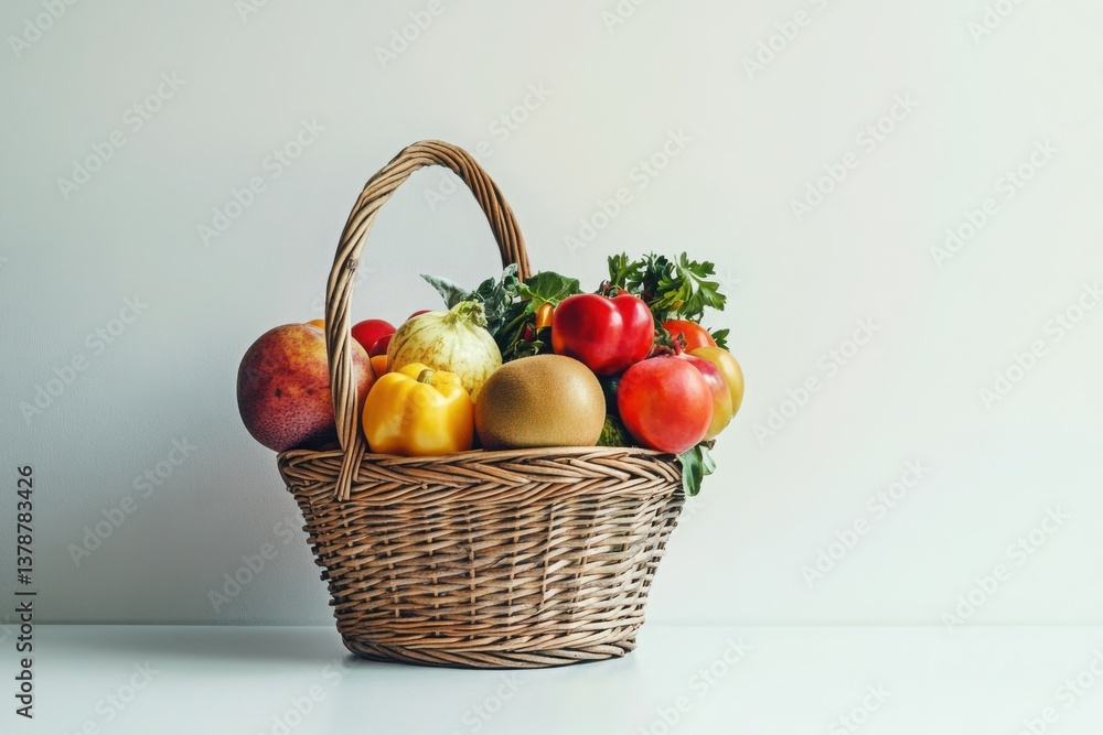 Fresh Colorful Fruits and Vegetables in Woven Basket on Table Fresh Colorful Fruits and Vegetables in Woven Basket on Table