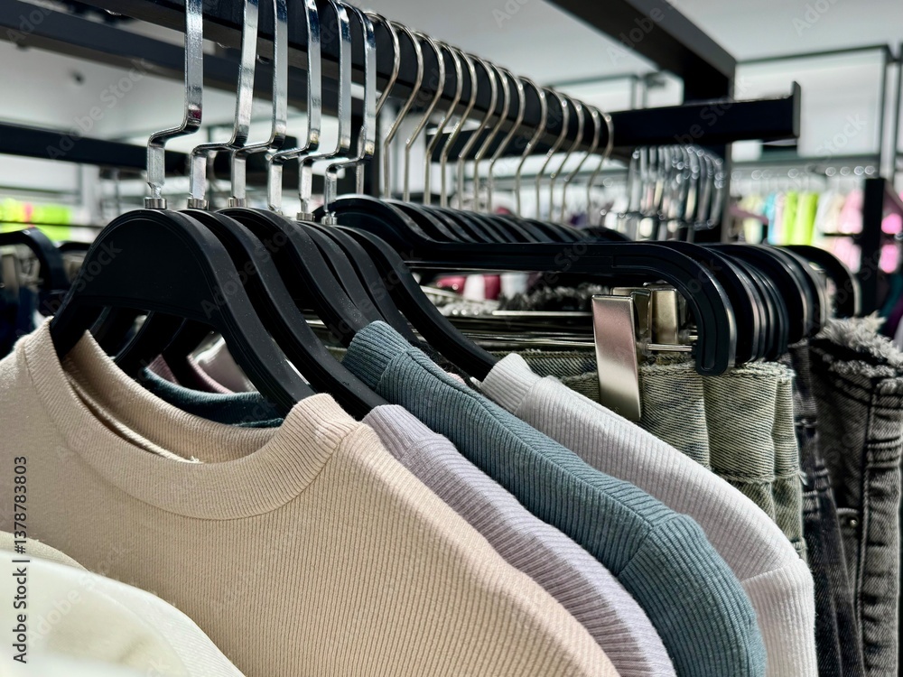 Fototapeta premium Clothes on Hangers in Retail Store Display