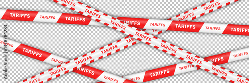 Red barricade tape with white diagonal stripes and text TARIFFS isolated on transparent background. Template of seamless barrier line, ribbon. Geopolitical conflict, global economy crisis, trade war