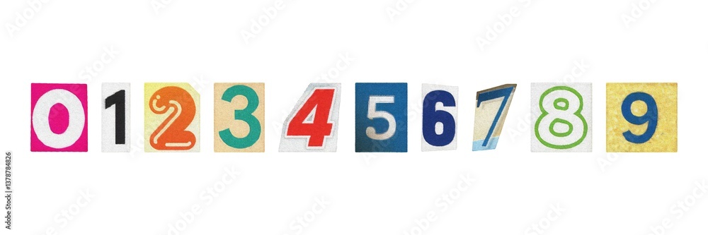 set of cut-out ransom numbers from magazines, isolated digits in retro y2k style on a white background set of cut-out ransom numbers from magazines, isolated digits in retro y2k style on a white background