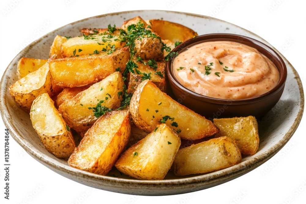 A serving of Spanish patatas bravas with spicy tomato sauce and aioli, isolated on a transparent background. A serving of Spanish patatas bravas with spicy tomato sauce and aioli, isolated on a transparent background.