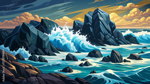 dark volcanic rocks along a stormy coastline, rocky beach landscape