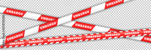 3d  red barricade tape with white stripes and text EMBARGO on transparent background. Template of seamless barrier line, barricade ribbon. Global economic restrictions, trade war, geopolitics conflict