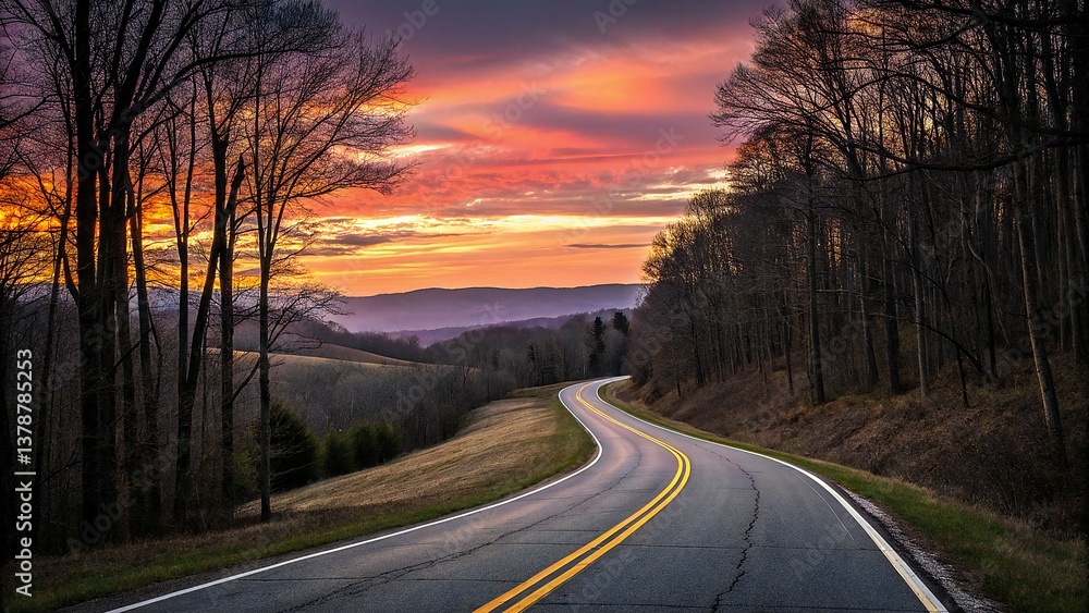 Fototapeta premium Golden hour landscape, Quiet roads, Tranquility ahead