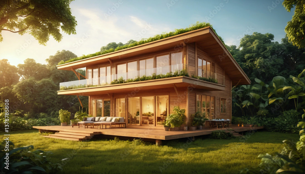 Peaceful Eco-Friendly Wooden House in Lush Nature with Golden Sunset Lighting – Photorealistic Render – Generative AI Peaceful Eco-Friendly Wooden House in Lush Nature with Golden Sunset Lighting – Photorealistic Render – Generative AI