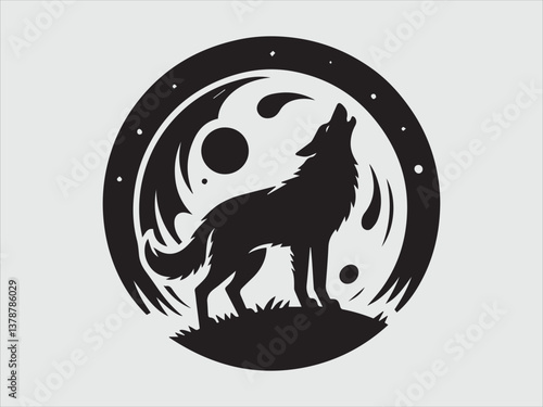 Wolf Howling at Moon Silhouette in Night Sky with Wild and Mysterious Atmosphere