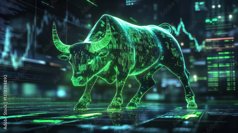 Obraz premium Digital bull market trend, financial data overlay