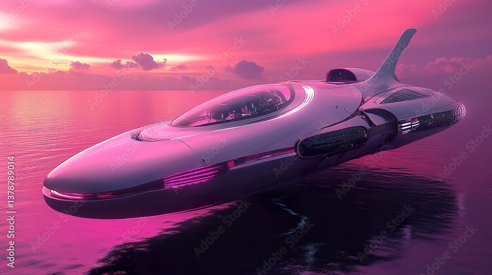 Futuristic Vehicle Drifting on Serene Waters at Sunset Under Pink Sky Futuristic Vehicle Drifting on Serene Waters at Sunset Under Pink Sky