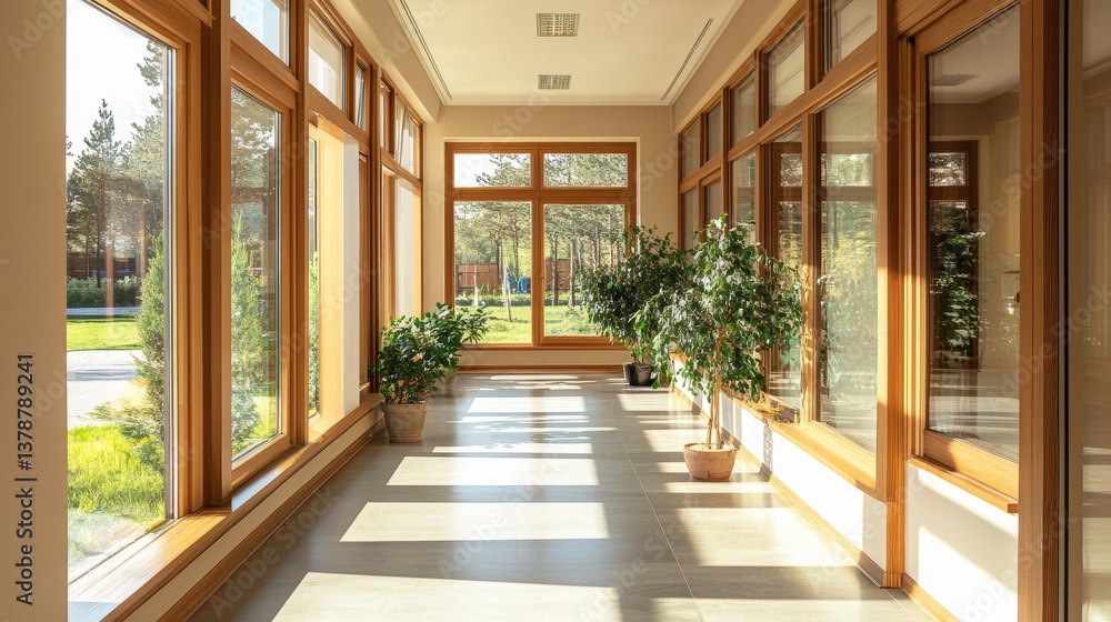 A spacious corridor featuring large, energy-efficient windows, with a minimalist interior, sustainable design elements, and natural wood accents. Offering a serene and eco-friendly space A spacious corridor featuring large, energy-efficient windows, with a minimalist interior, sustainable design elements, and natural wood accents. Offering a serene and eco-friendly space