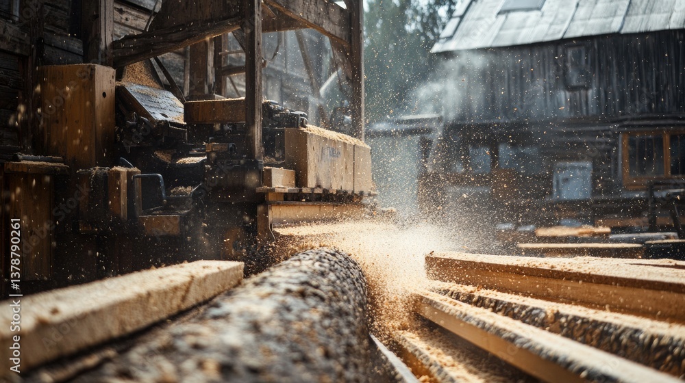 Fototapeta premium Sawmill. Process of machining logs in equipment sawmill machine saw saws the tree trunk on the plank boards. Wood sawdust work sawing timber wood wooden woodworking