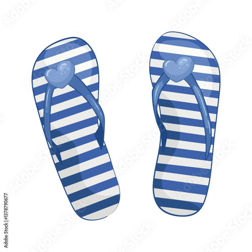 Striped blue and white beach slippers with cute hearts. Beach summer shoes. Bathroom foot accessories. Vector colorful flip flops from summer collection. For stickers, decoration and design.