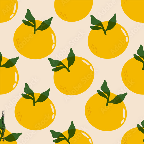 Oranges seamless pattern. Citrus orange fruit with leaves, tangerine and mandarin background cartoon style, summer print for fabric wrapping paper. Vector orange endless texture