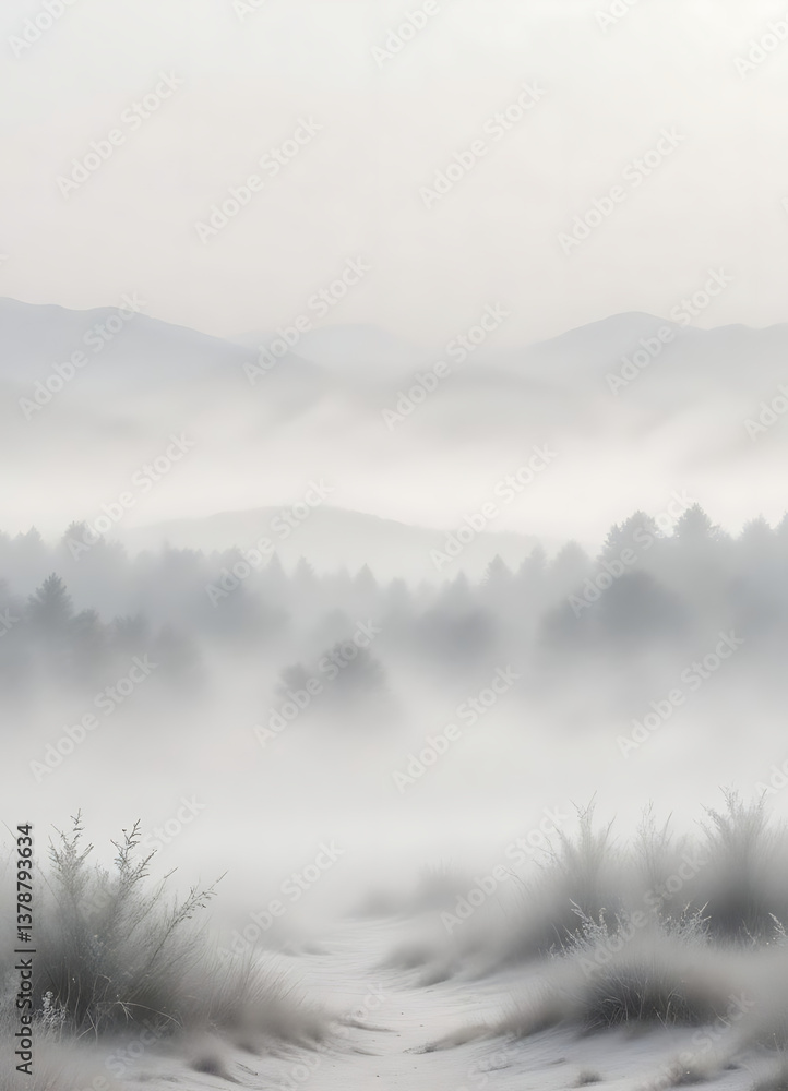 Fototapeta premium Misty Foggy Forest Landscape Scene