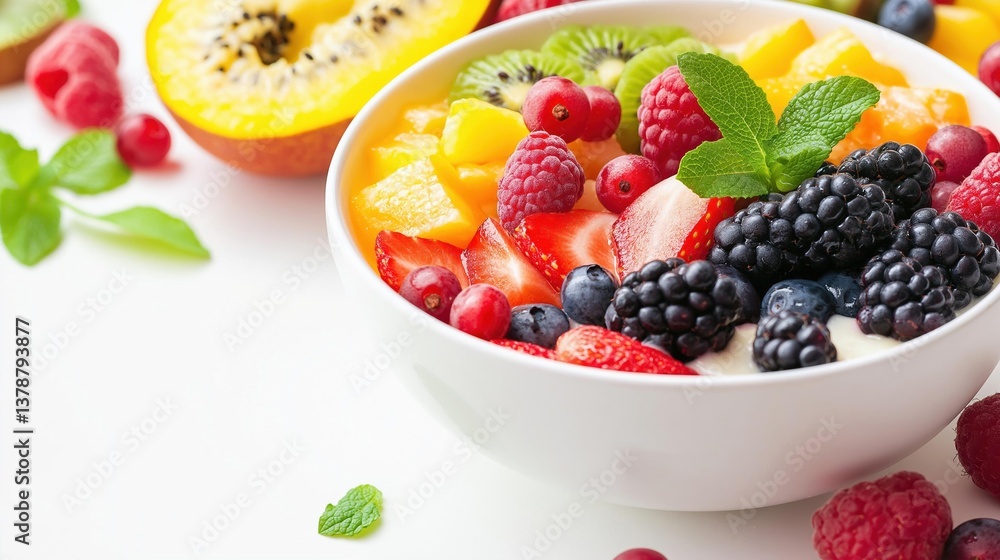 Close-up of a bowl of fresh fruit salad. the bowl is white and is placed on a white surface. Close-up of a bowl of fresh fruit salad. the bowl is white and is placed on a white surface.