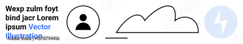 Profile icon, cloud outline, and lightning bolt symbolizing user access, cloud computing, power, speed, and connectivity. Ideal for data, IT apps cloud storage energy simple landing page