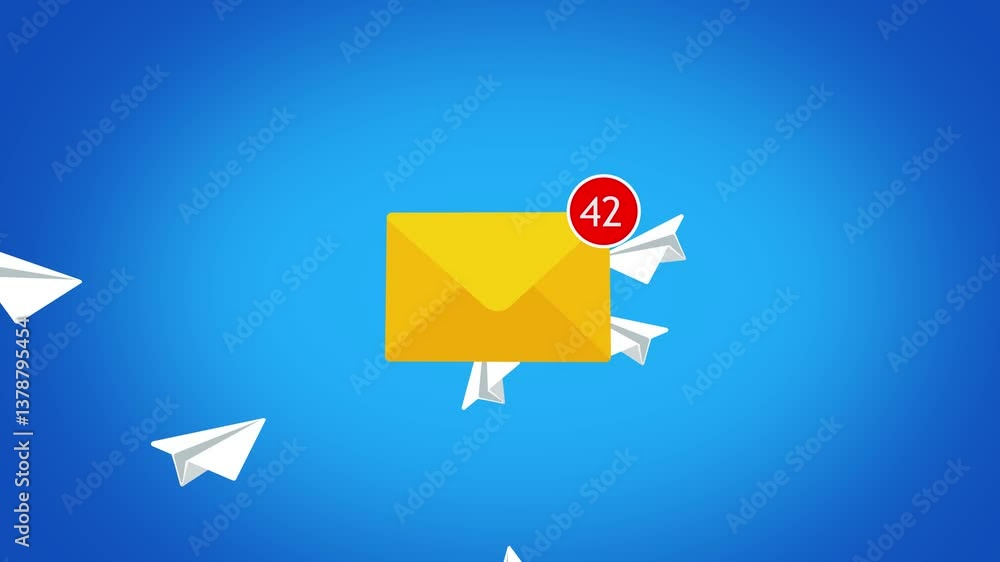Receiving a lot of emails concept animation. with group of paper plane flying into an envelope mail with notification counter indicating multiple new messages