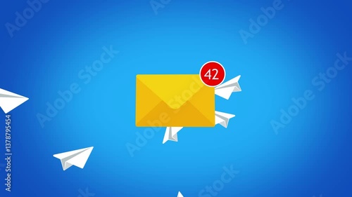 Receiving a lot of emails concept animation. with group of paper plane flying into an envelope mail with notification counter indicating multiple new messages