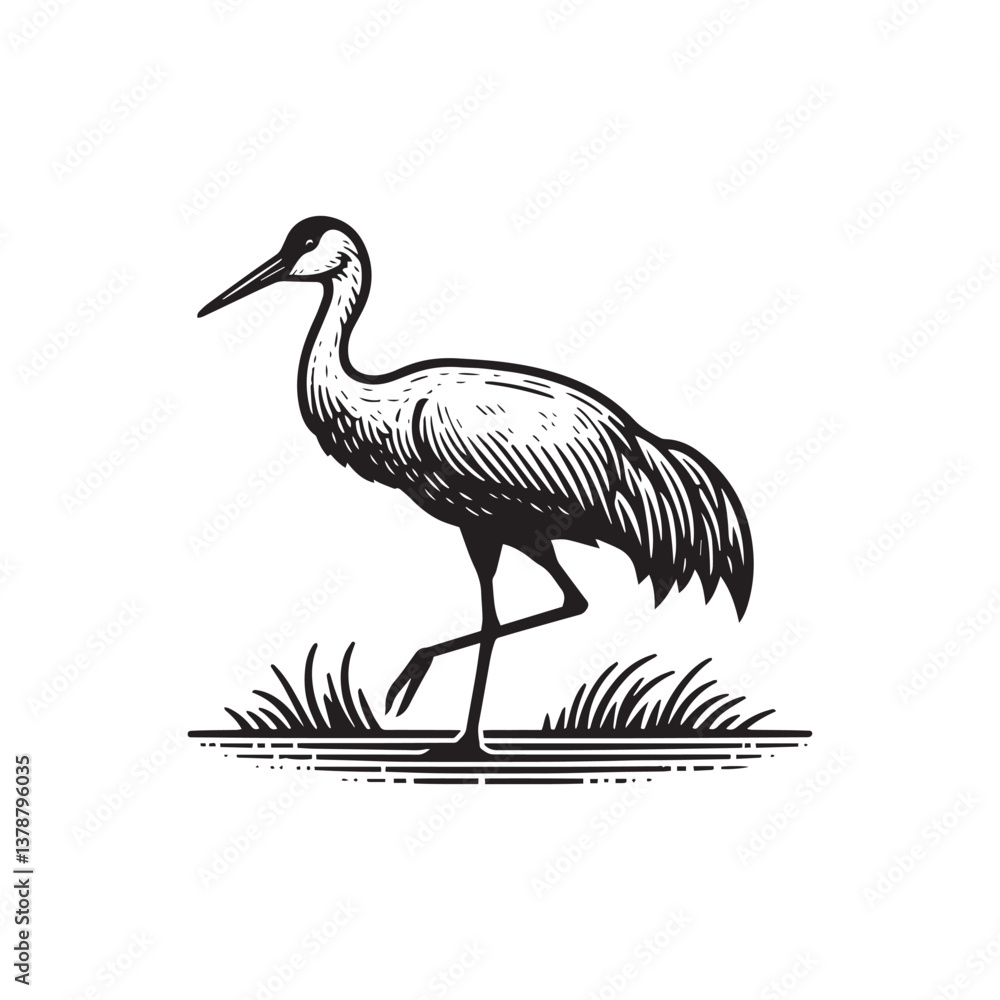 Fototapeta premium Simple Sandhill Crane Side View Vector Icon – Vintage Logo & Retro Illustration