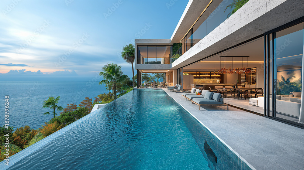 Fototapeta premium Luxury Cliffside Villa with Infinity Pool Overlooking the Ocean at Sunset