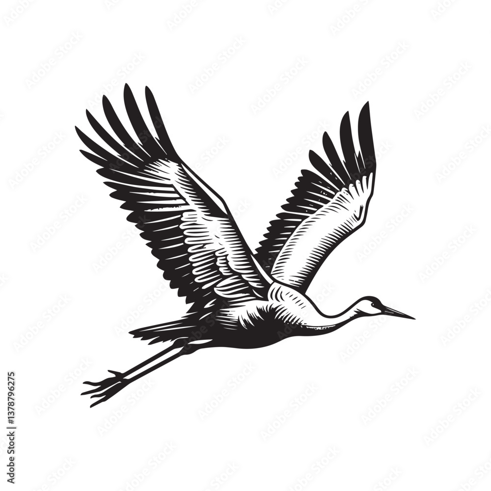 Fototapeta premium Simple Sandhill Crane Flying Vector Icon – Vintage Logo & Retro Illustration