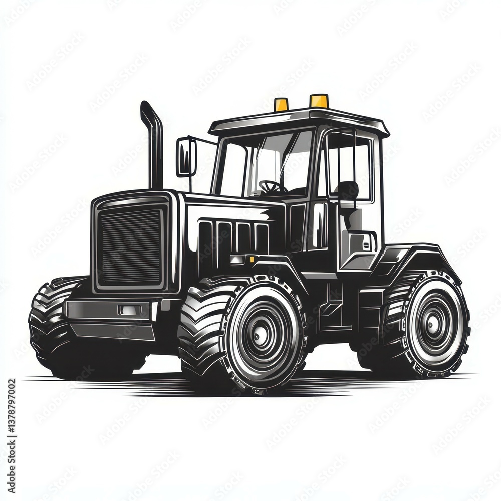 Naklejka premium Tractor in detailed black illustration showing robust design and prominent features