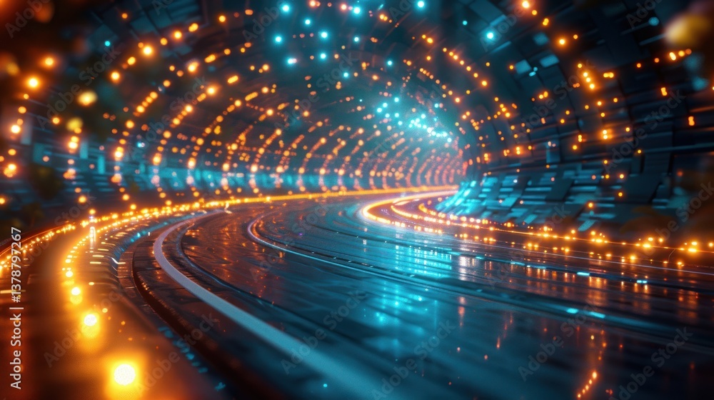 Futuristic tunnel with glowing lights and a winding path. Possible use Technology background Futuristic tunnel with glowing lights and a winding path. Possible use Technology background