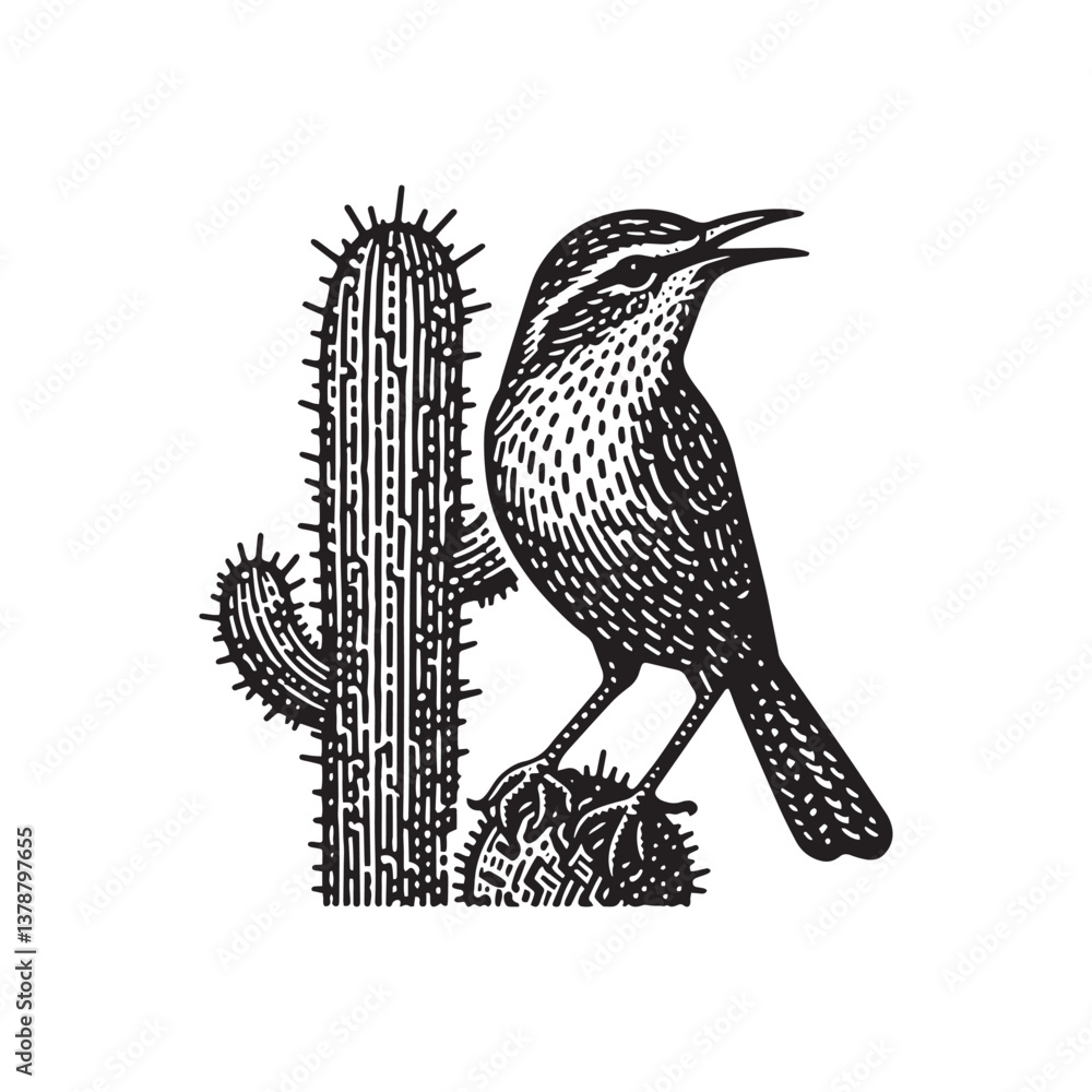 Naklejka premium Cactus Wren Perched Vector Icon – Vintage Logo & Retro Illustration