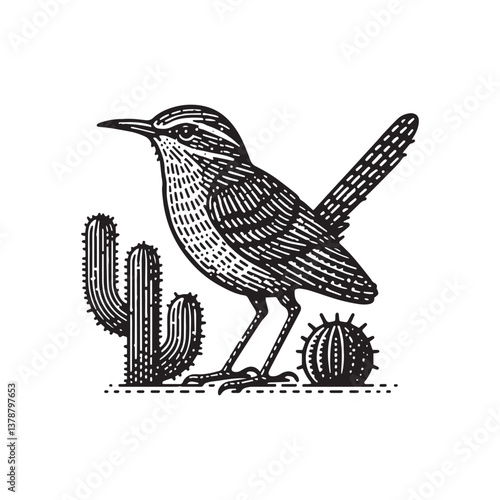 Cactus Wren Side View Vector Icon – Vintage Logo & Retro Illustration
