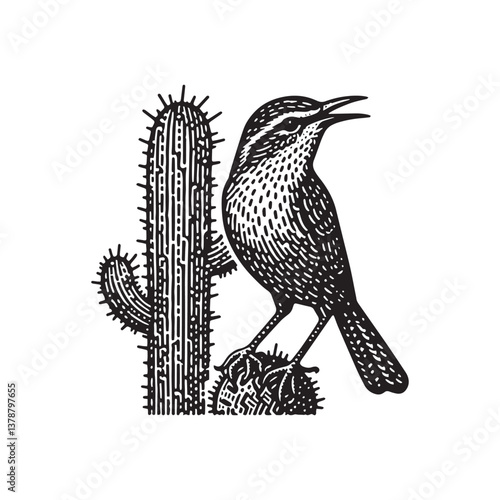 Cactus Wren Perched Vector Icon – Vintage Logo & Retro Illustration