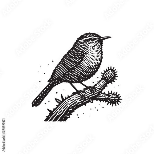 Cactus Wren Perched Vector Icon – Vintage Logo & Retro Illustration