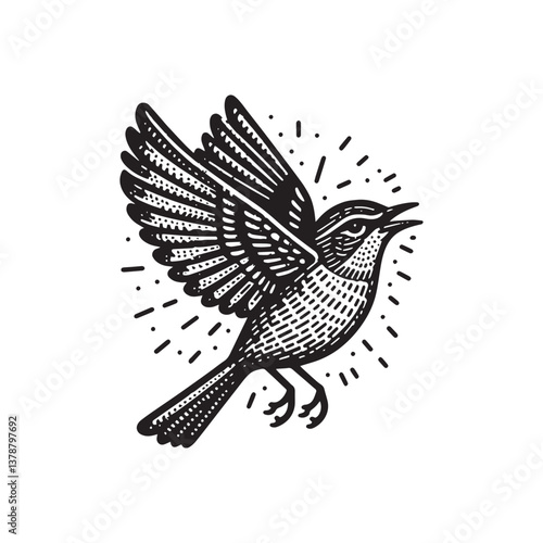 Cactus Wren Flying Vector Icon – Vintage Logo & Retro Illustration