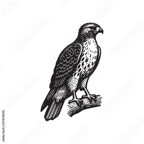 Simple Red-tailed Hawk Perched Vector Icon – Vintage Logo & Retro Illustration