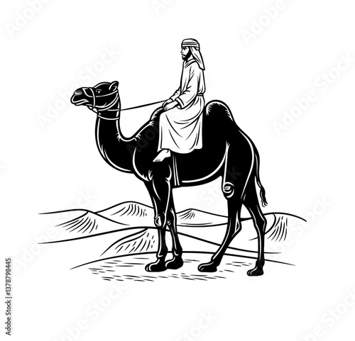 Arabian man riding on camel in desert vector in black color with white background.